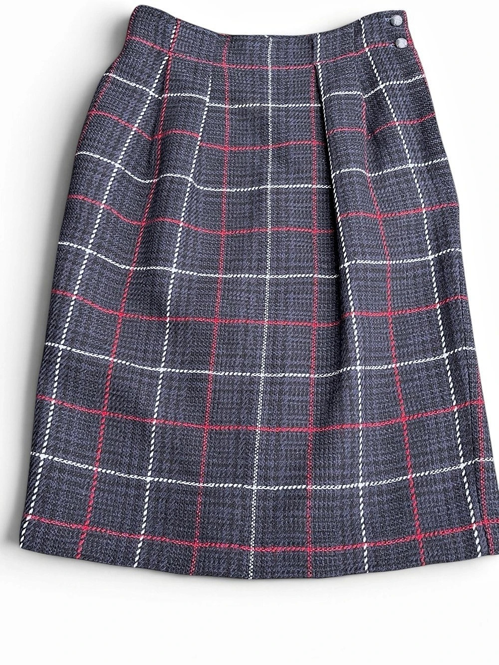 Vintage One + One Navy/Red/White Plaid Box Pleat Pockets A-Line Skirt (6)